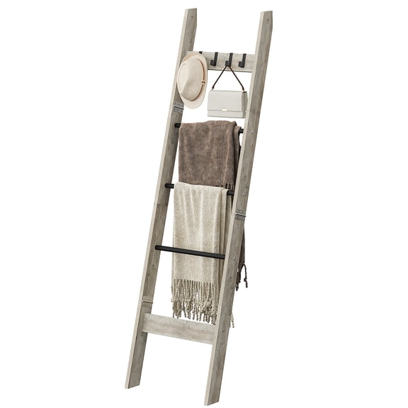 Hzuaneri Blanket Ladder for Living Room, 5-Tier Farmhouse Ladder Holder with 4 Hooks, 5ft 3 inch Rustic Decorative Farmhouse Blanket Holder Rack Easy Assembly - Greige