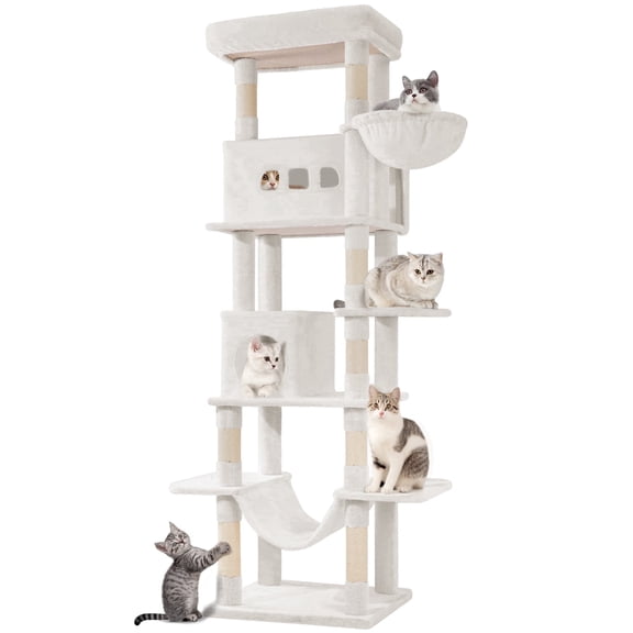 Hzuaneri Cat Tree, 82.6" Tall Large Multi‑Level Indoor Cat Tower with Scratching Posts, Hammock & Pom Poms, White