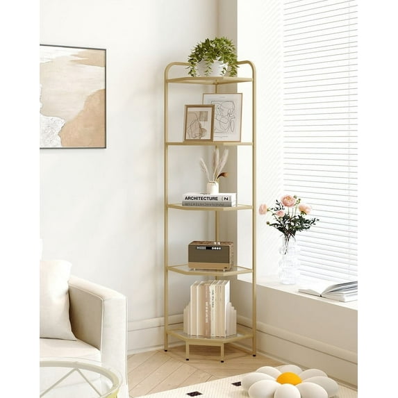 Hzuaneri Corner Bookcase with 5 Tier Storage, Steel And Tempered Glass, Gold