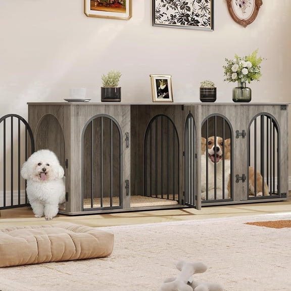 Hzuaneri Dog Crate Furniture for 2 Dogs, 63" Large Dog Kennel with Divider and Cushion for Medium Large Dogs, Double Dog Crate Furniture TV Stand, Greige Black