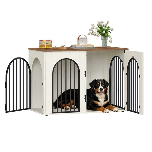 Hzuaneri Dog Crate Furniture, 46.5'' Wooden Indoor Dog Kennel with Multi‑Door & Anti‑Chew Iron Pipes for Medium‑Large Dogs, White Brown