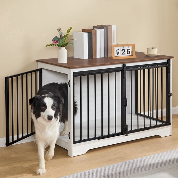 Hzuaneri Dog Crate Furniture with Barn Door, 39.4" Wood Heavy Duty Dog Crate Kennel for Medium/Large Dogs, End Side Table, Farmhouse Style, White Brown