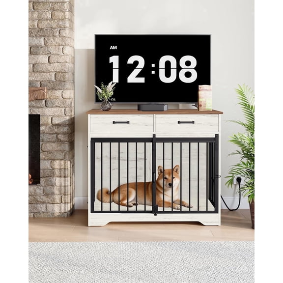Hzuaneri Dog Crate Furniture with 2 Drawers, 38.2" Pet End Table with Charging Station, Wooden Dog Kennel for Medium/Large Dogs, White Brown
