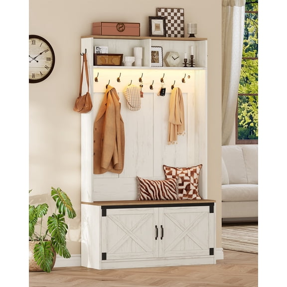 Hzuaneri Farmhouse Hall Tree with Bench, LED Entryway Coat Rack with Storage, 11 Hooks, 2 Open Compartments & Adjustable Shelf for Mudroom and Hallway, Rustic White and Brown