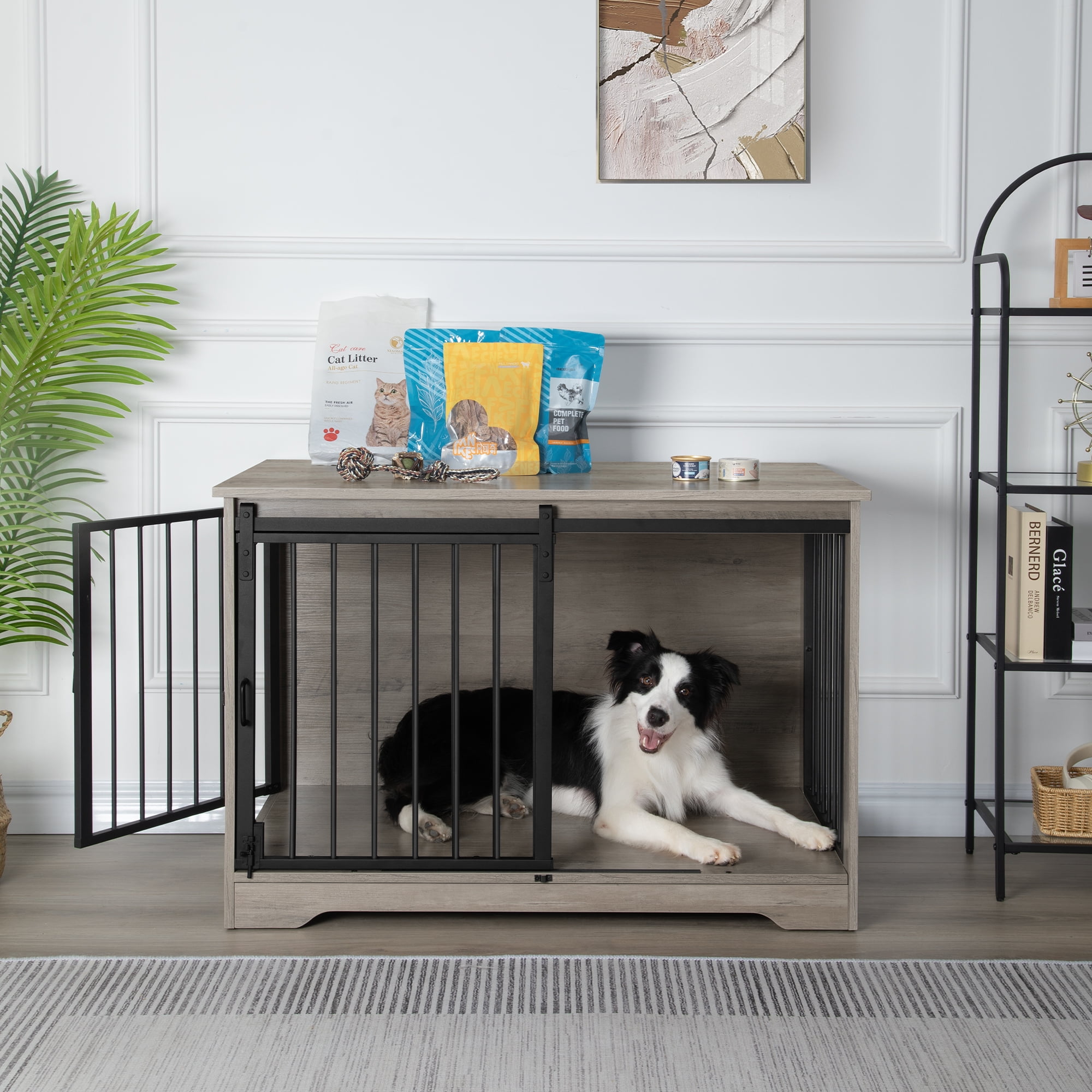 Hzuaneri Furniture Style Dog Crate, Dog Kennels, Greige and Black
