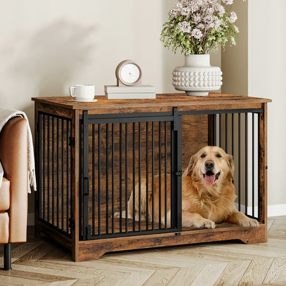 Hzuaneri Furniture Style Dog Crate, Dog Kennels, Rustic Brown and Black DFC02301B