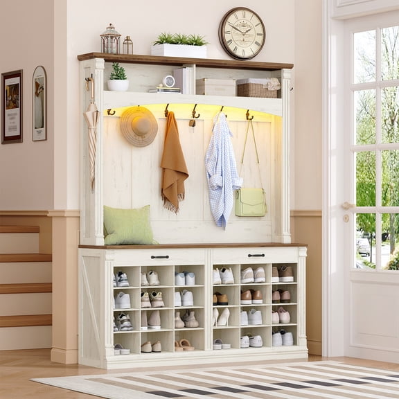 Hzuaneri Hall Tree, 77.7"H Farmhouse Wood Mudroom Bench with Storage and Hooks, LED Entryway Furniture, 8 Hooks & 24 Shoe Cubbies, Mud Room Storage Furniture for Hallway Mudroom, Rustic White