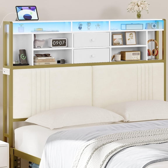 Hzuaneri Headboard with 3-Tier Storage Shelves, Velvet Upholstered Headboard with Outlet, 2 USB Ports & LED Light, Headboards Queen Size Bed with Two Fabric Drawers, White and Gold, BH42003A