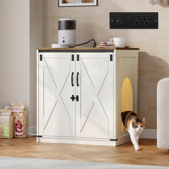 Hzuaneri Large Cat Litter Box Enclosure for Self-Cleaning Automatic Litter Box, Wooden Litter Box Furniture with Power Outlet, Sensor Light, Rotating Tray, Barn Door, White