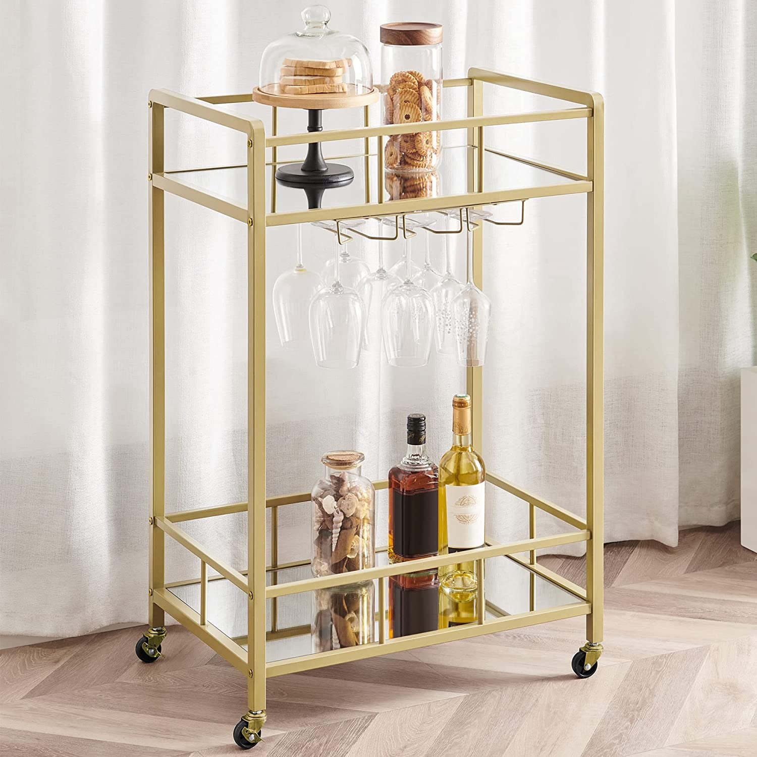 Hzuaneri Rolling Bar Cart with mirror, Metal Serving Cart with Wine Glasses  Hooks, Gold 01401GBC