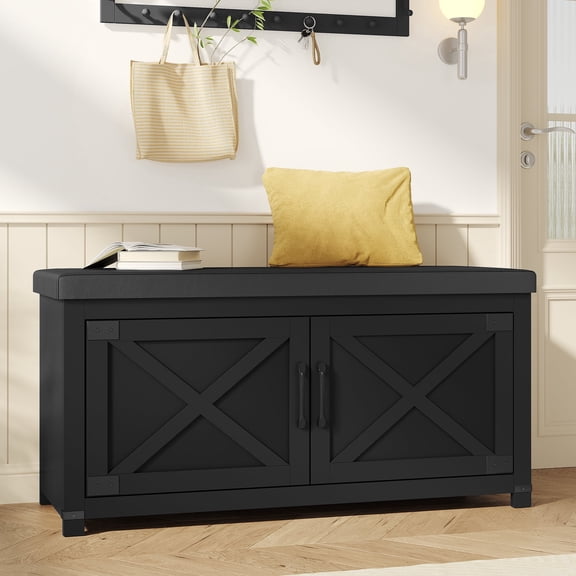 Hzuaneri Shoe Storage Bench, 39.4"W 2Tier Farmhouse Entryway Bench for Small Spaces, with Padded Seat Cushion, 2 Barn Doors & Adjustable Shelf, Shoe Cabinet for Living Room Bedroom Hallway, Black