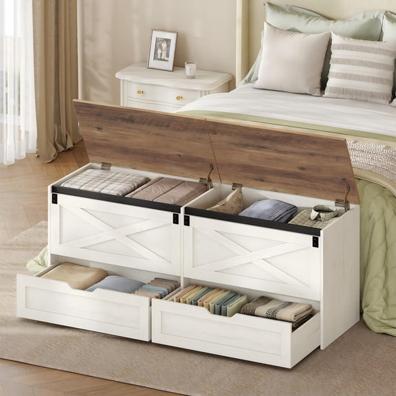 Hzuaneri Storage Chest, 59" Farmhouse Wooden Storage Bench with 2 Drawers for Entryway Bedroom Living Room, Rustic White