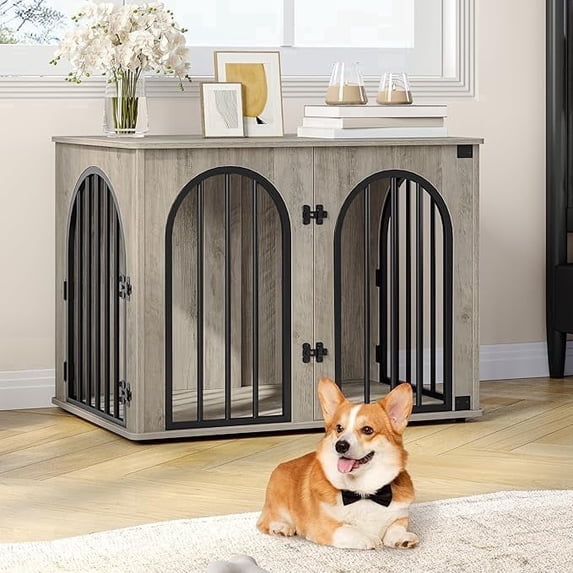 Hzuaneri Wooden Dog Crate Furniture, 31.5" Indoor Dog Kennel with Cushion, Dog Cage for Small Medium Dogs, Decorative Pet House Side End Table, Chew-Resistant, Greige Black