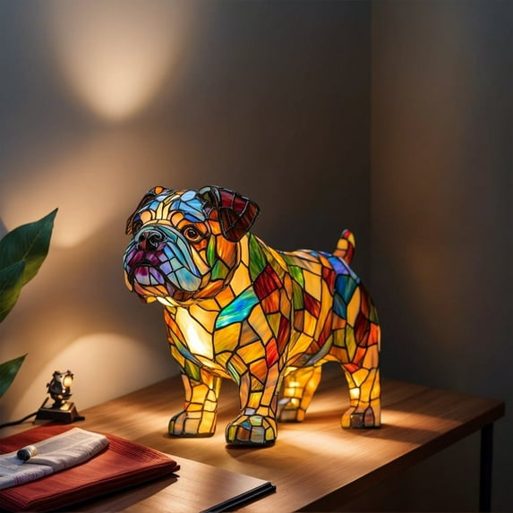 HzyK Retro Stained Resin Bulldog Dog Tabletop Night Light, Animal Table Lamps Series, 3D Cute Dog LED Stained Glass Table Lamps, Vintage Home Decor Gift for Pets Lovers