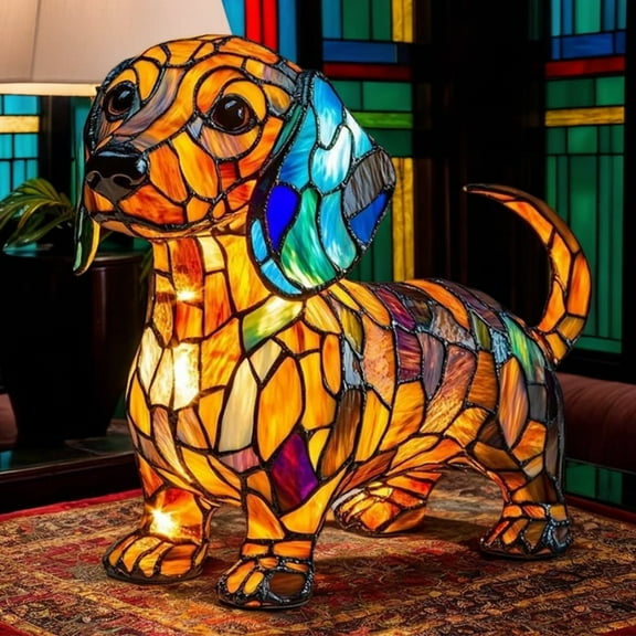 HzyK Retro Stained Resin Dachshund Dog Tabletop Night Light, Animal Table Lamps Series, 3D Cute Dog LED Stained Glass Table Lamps, Vintage Home Decor Gift for Pets Lovers