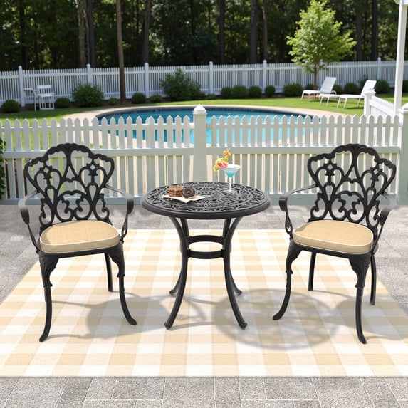 Hzzkey Adult 3-Piece Metal Outdoor Dining Sets with 1 Table and 2 Chairs, Black / Beige Cushions