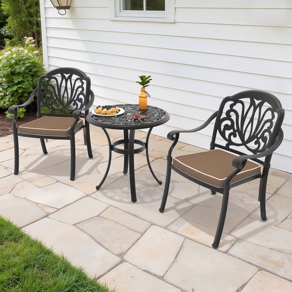 Hzzkey 3-Piece Black Outdoor Aluminum Round Dining Set,2 Chairs, Brown Cushion , Umbrella Hole, Weather-Resistant