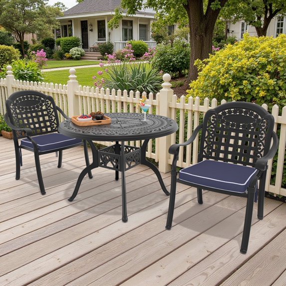 Hzzkey 3-Piece Outdoor Rust-Resistant Cast Aluminum Patio Set, Black Table, Blue Cushions, Umbrella Hole