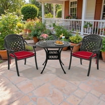 Hzzkey 3-Piece Round Cast Aluminum Patio Set , Red Color Cushions , Umbrella Hole , Black
