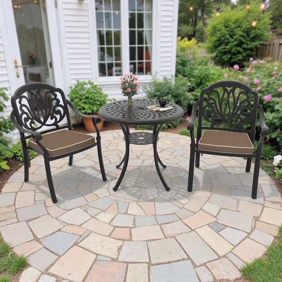 Hzzkey 3-Piece Cast Aluminum Patio Bistro Set, Black Table with Umbrella Hole and Brown Cushions for Balcony/Garden