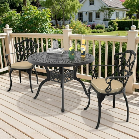Hzzkey 3-Piece Cast Aluminum Outdoor Dining Set, Round Table, Beige Cushions, Umbrella Hole for Patio/Garden Use