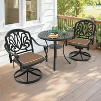 Hzzkey 3-Piece Round Cast Aluminum Patio Set with Swivel Chairs,Brown Cushions,and Umbrella Hole