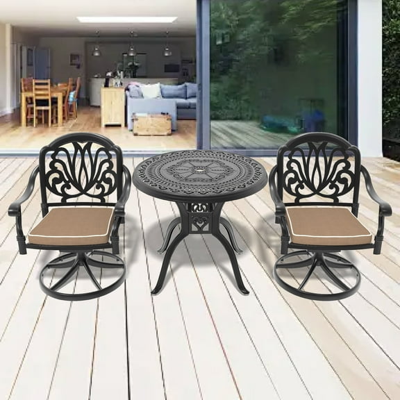 Hzzkey 3-Piece Round Cast Aluminum Patio Set with Swivel Chairs,Cushions,and Umbrella Hole