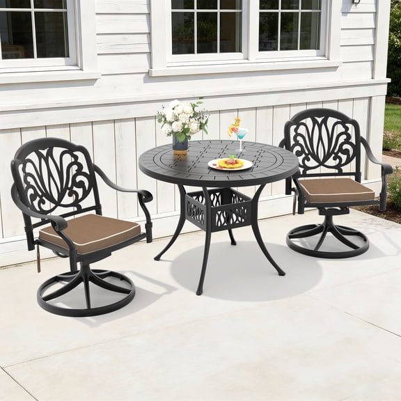 Hzzkey 3-Piece Round Patio Set with Swivel Chairs and Brown Cushions, Cast Aluminum Table for Garden or Deck