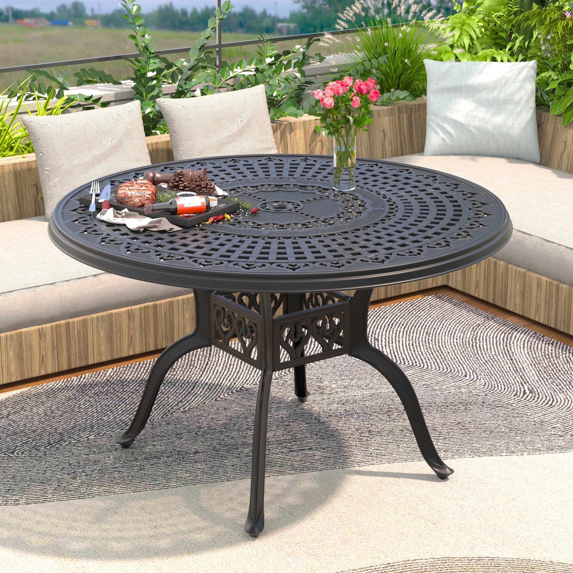 Hzzkey Round Cast Aluminum Patio Dining Table with Umbrella