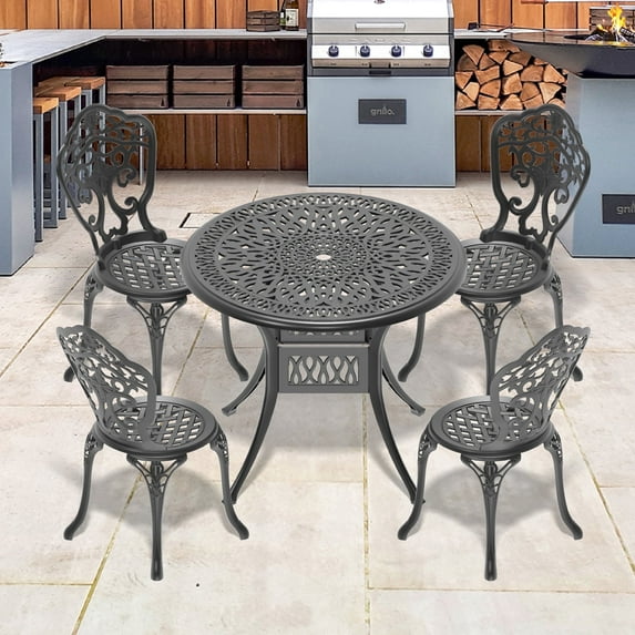 Hzzkey 5-Piece Black Outdoor Aluminum Round Dining Set,4 Chairs, Umbrella Hole, Weather-Resistant - Compact Size Chair (Seat Width: 15.35")