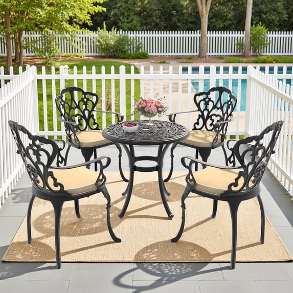 Hzzkey 5-Piece Black Outdoor Aluminum Round Dining Set,4 Chairs, Beige Cushion ,Umbrella Hole, Weather-Resistant