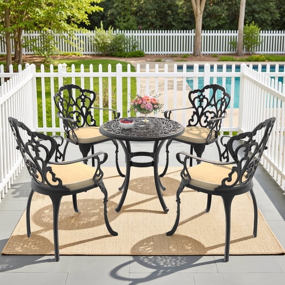 Hzzkey 5-Pc Set,26.77" Round Table with Umbrella Hole and 4 Armchairs with Beige Cushions