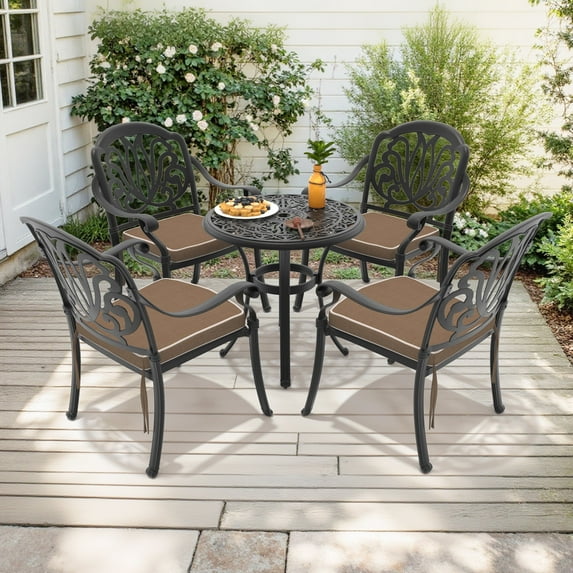 Hzzkey 5-Piece Black Outdoor Aluminum Round Dining Set,4 Chairs, Brown Cushion, Umbrella Hole, Weather-Resistant