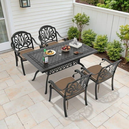 Hzzkey 5-Piece Black Cast Aluminum Patio Dining Set with Brown Cushions, for Deck, Garden, Backyard