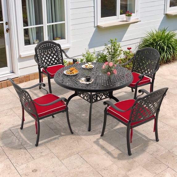 Hzzkey 5-Piece Round Cast Aluminum Patio Set , Red Cushions , Umbrella Hole , Black