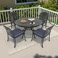 thumbnail image 1 of Hzzkey 5-Piece Round Cast Aluminum Patio Set , Blue Cushions , Umbrella Hole , Black, 1 of 9