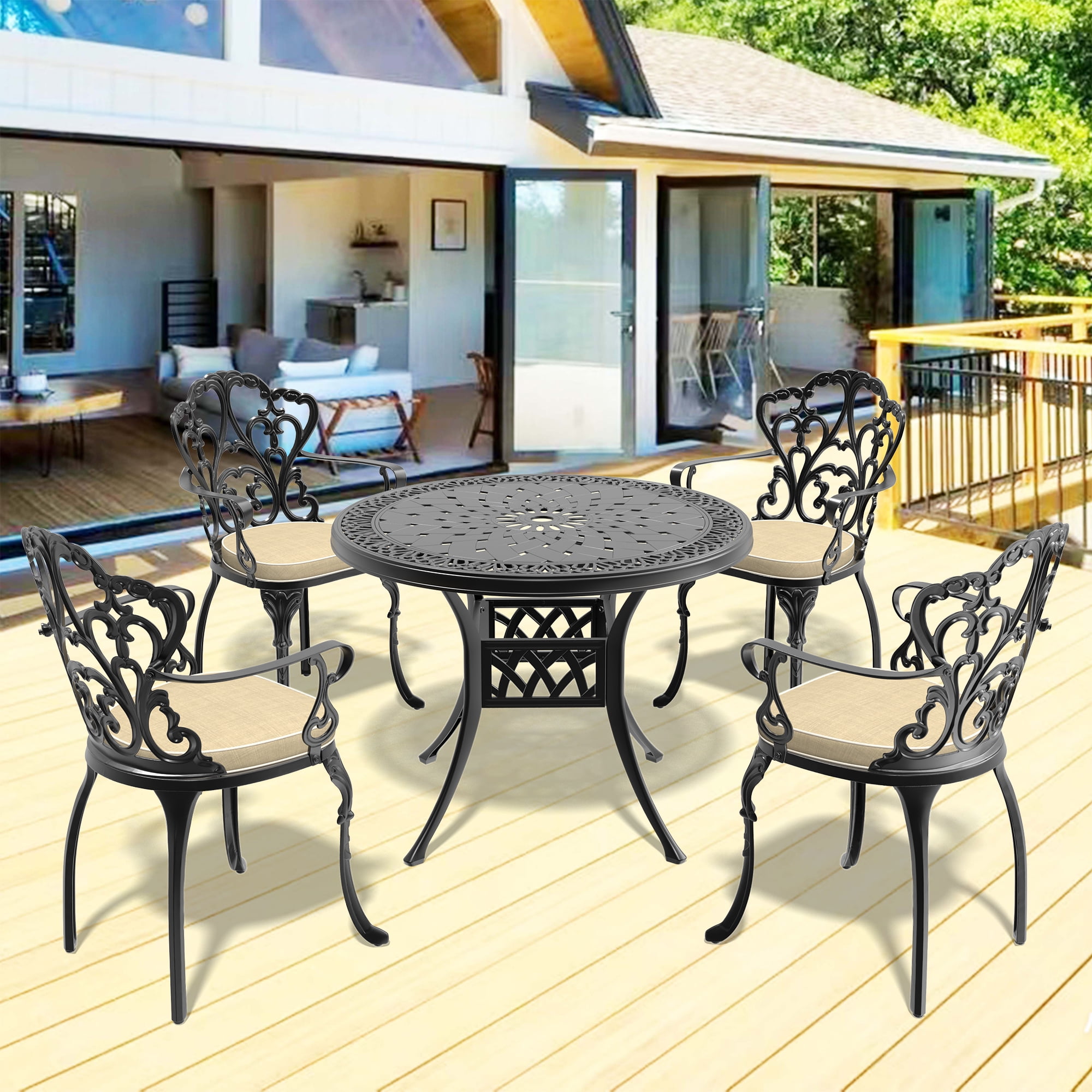 Hzzkey 5-Piece Round Cast Aluminum Patio Set , Random Color Cushions ...