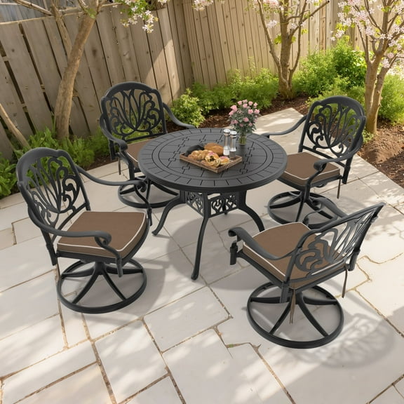 Hzzkey 5-Piece Outdoor Dining Set, Cast Aluminum Round Table and Swivel Chairs with Brown Cushions, Weather-Resistant