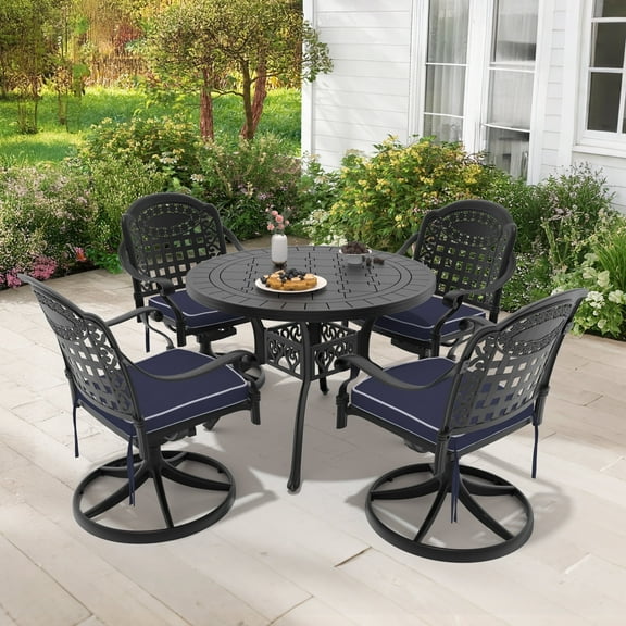 Hzzkey 5-Piece Round Patio Set with Swivel Chairs and Blue Cushions, Cast Aluminum Table for Garden or Deck