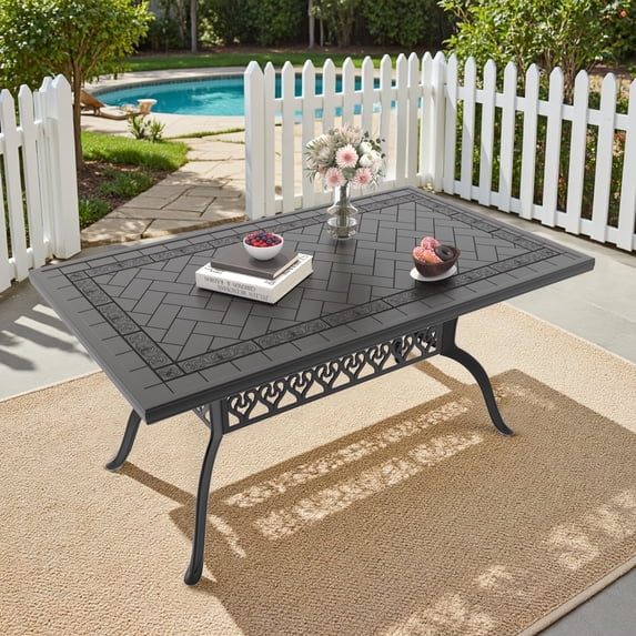 Hzzkey 59" x 35" Outdoor Cast Aluminum Dining Table, Umbrella Hole, Black, Rustproof for Patio/Deck