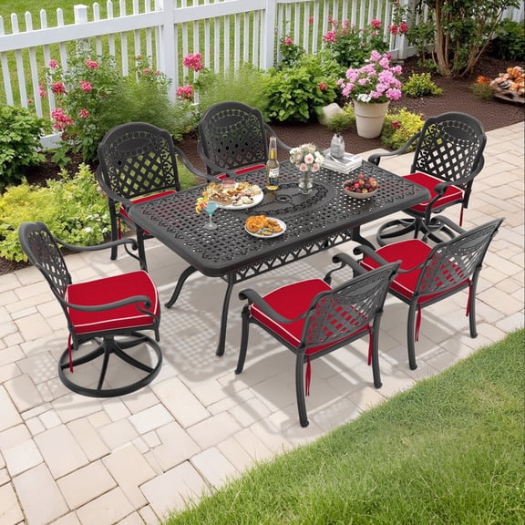 Hzzkey 6-Person Rectangular Cast Aluminum Patio Set with 2 Swivel Chairs,Red Cushions & Umbrella Hole
