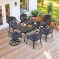 thumbnail image 1 of Hzzkey 7-Piece All-Weather Cast Aluminum Dining Set, Black Frame Rectangular Table with 2 Smooth 360° Swivel Chairs & 4 Outdoor Dining Chairs, Blue Cushions Included, 1 of 15