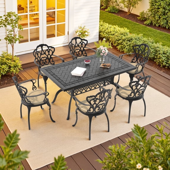 Hzzkey 7-Piece Black Cast Aluminum Patio Dining Set with Beige Cushions, for Deck, Garden, Backyard