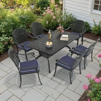 Hzzkey 7-Piece Black Cast Aluminum Outdoor Dining Set, Rectangular Table, Blue Cushions, Umbrella Hole for Patio/Garden