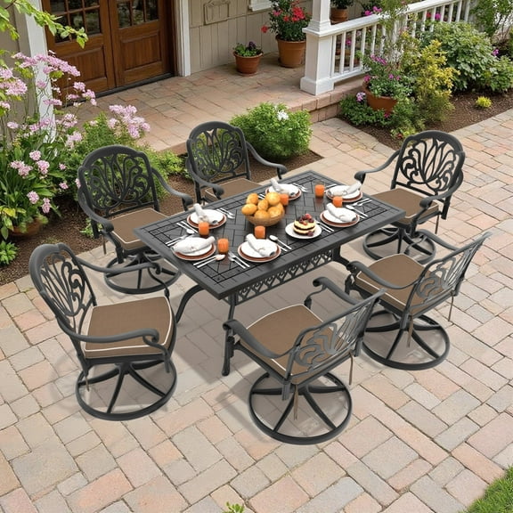 Hzzkey 7-Piece Cast Aluminum Patio Dining Set with Swivel Chairs & Brown Cushions, for Deck, Garden, Backyard