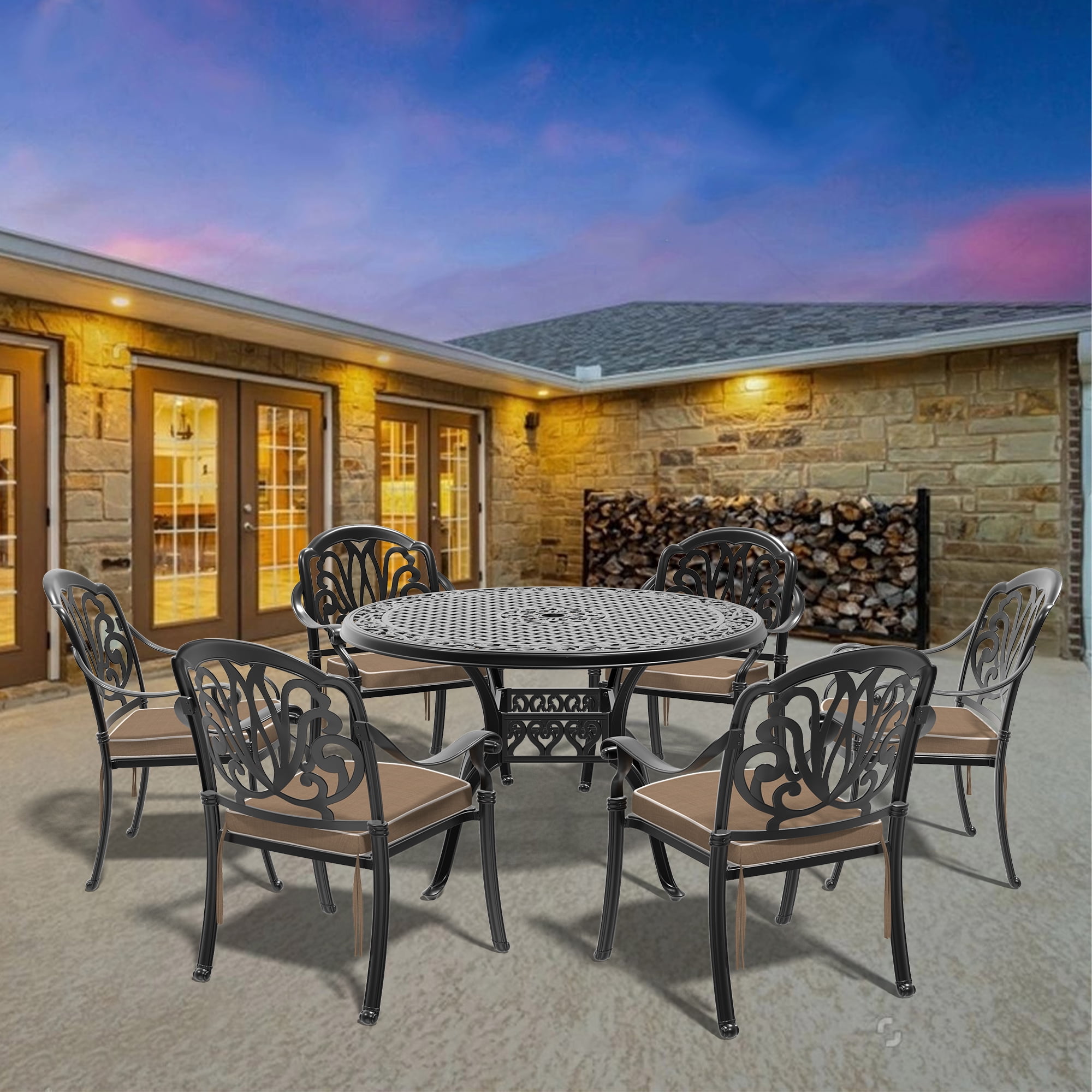 Hzzkey 7-Piece Round Cast Aluminum Patio Set , Random Color Cushions ...