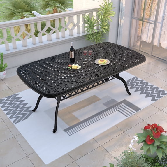 Hzzkey 72.44" L x 35.43" W Cast Aluminum Outdoor Dining Table with 1.88" Umbrella Hole Black