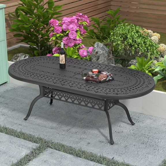 Hzzkey 81.89" L Oval Outdoor Dining Table with 1.88" Umbrella Hole, Cast Aluminum Frame