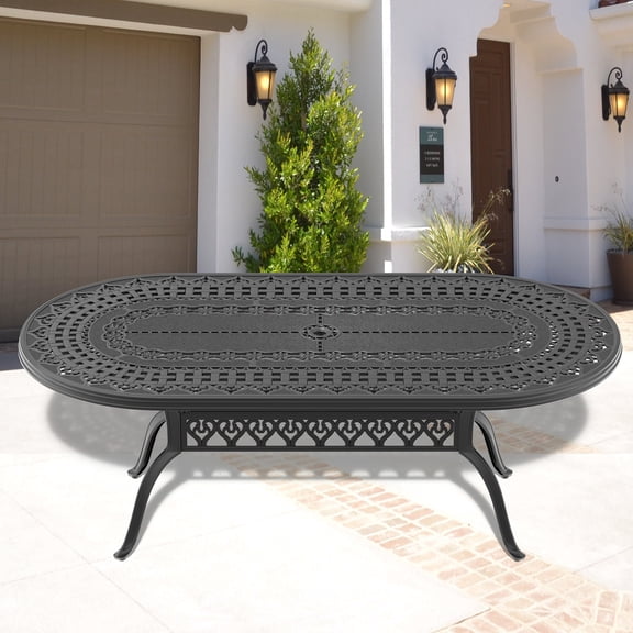 Hzzkey 81.89" L x 41.34" W Oval Cast Aluminum Outdoor Dining Table with 1.88" Umbrella Hole Black