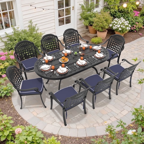 Hzzkey 9-Piece Oval Cast Aluminum Patio Set , Blue Cushions , Umbrella Hole , Black